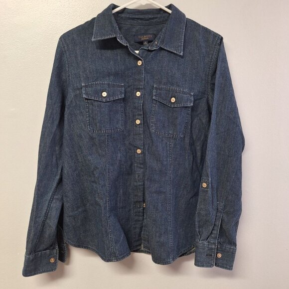 Talbots Western Denim Shirt Button Down Dark Wash Womens 12 Pockets Blue Country - Picture 10 of 10